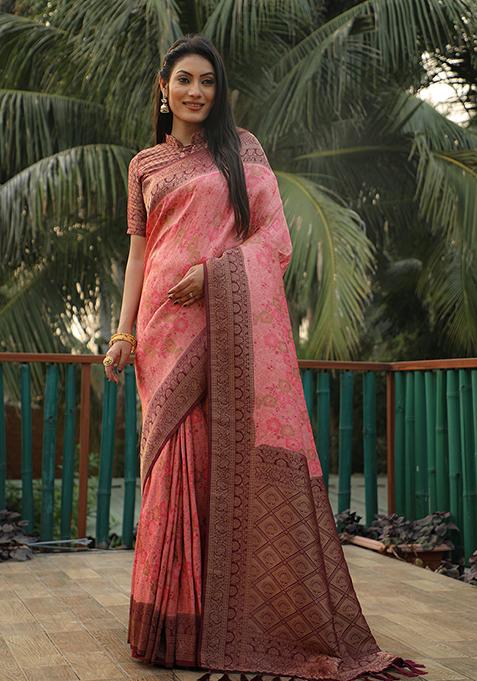 Pink Zari Woven Silk Saree Set