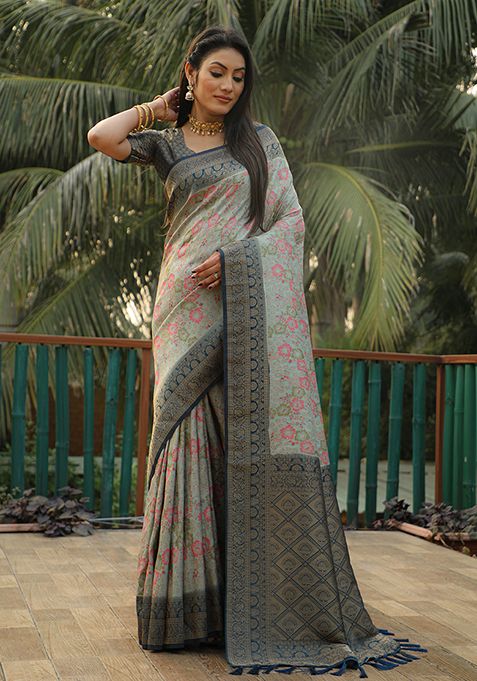 Sky Blue Zari Woven Silk Saree Set