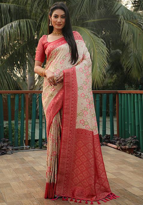 Off White Zari Woven Silk Saree Set