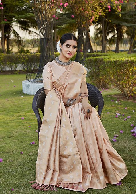 Off White Zari Woven Satin Silk Saree Set