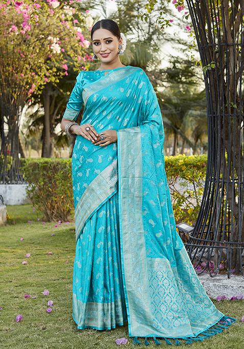 Blue Zari Woven Satin Silk Saree Set