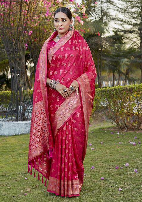 Light Pink Zari Woven Satin Silk Saree Set