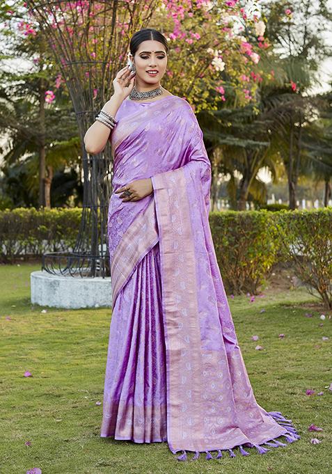 Purple Zari Woven Satin Silk Saree Set