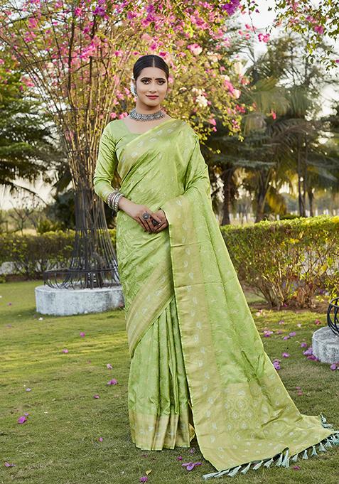 Green Zari Woven Satin Silk Saree Set