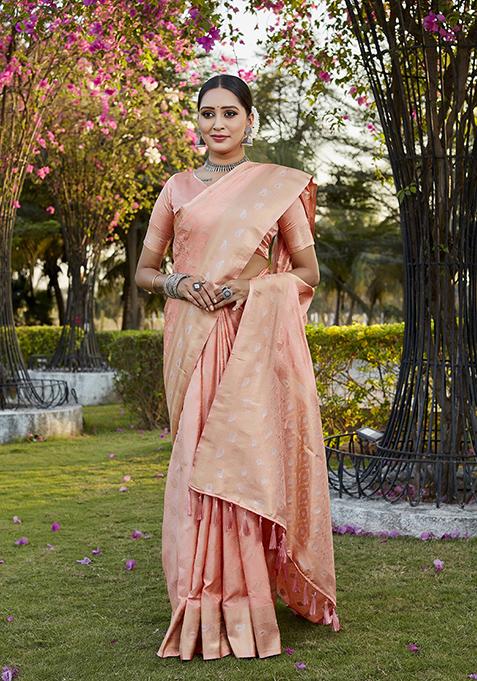 Light Peach Zari Woven Satin Silk Saree Set