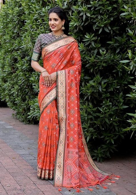 Orange Zari Woven Ikkat Patola Silk Saree Set