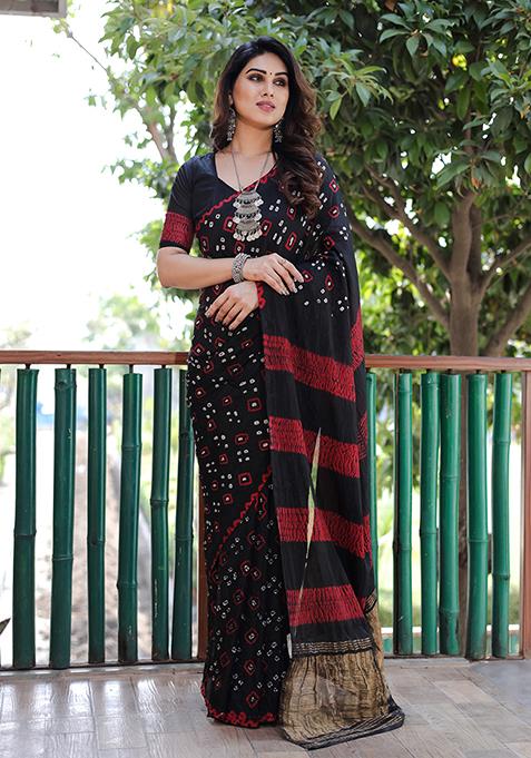 Black Zari Woven Bandhej Silk Saree Set