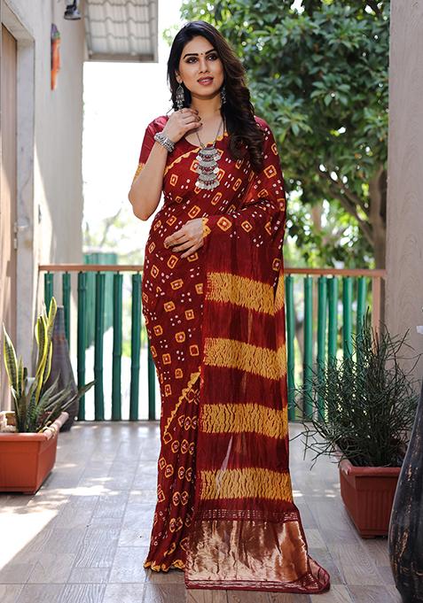 Red Zari Woven Bandhej Silk Saree Set