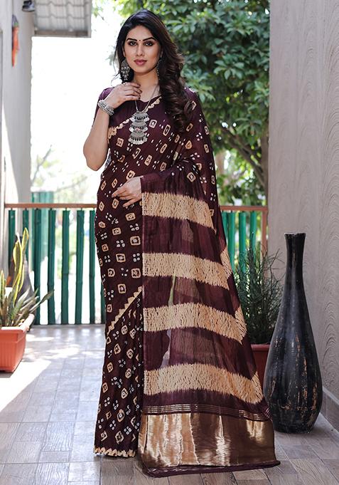 Dark Wine Zari Woven Bandhej Silk Saree Set