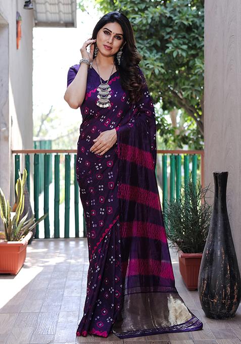 Dark Purple Zari Woven Bandhej Silk Saree Set