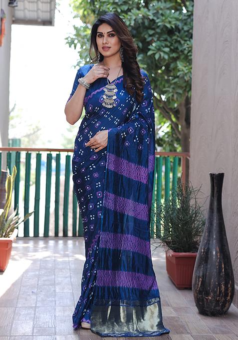 Blue Zari Woven Bandhej Silk Saree Set