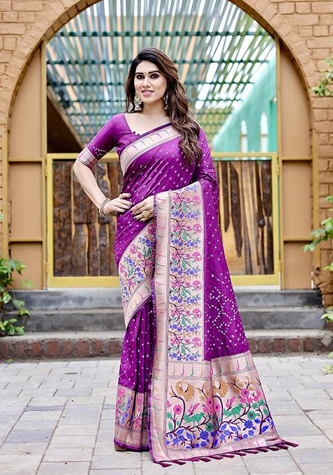 Purple Zari Woven Paithani Silk Saree Set