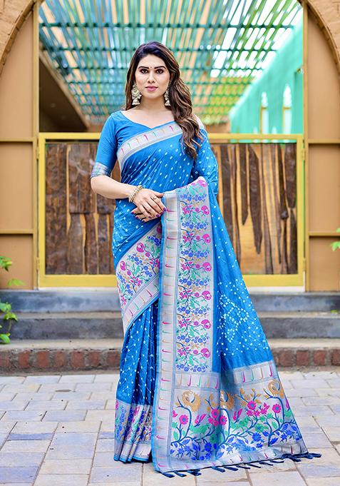 Blue Zari Woven Paithani Silk Saree Set