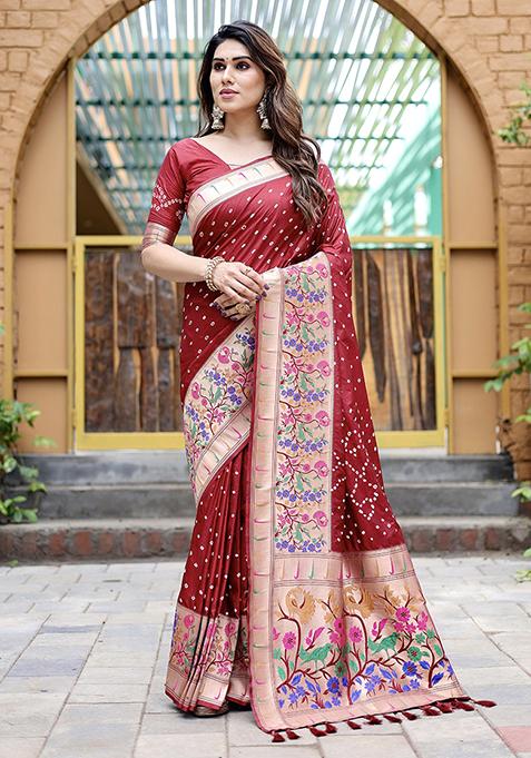 Red Zari Woven Paithani Silk Saree Set