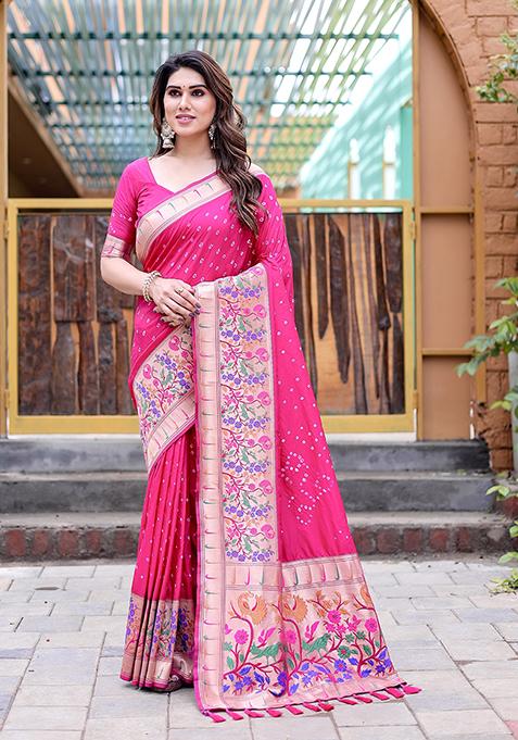 Pink Zari Woven Paithani Silk Saree Set