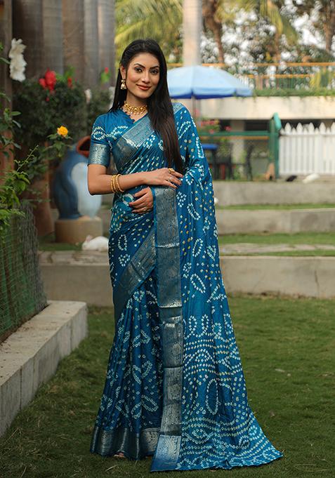 Teal Blue Zari Woven Bandhej Silk Saree Set