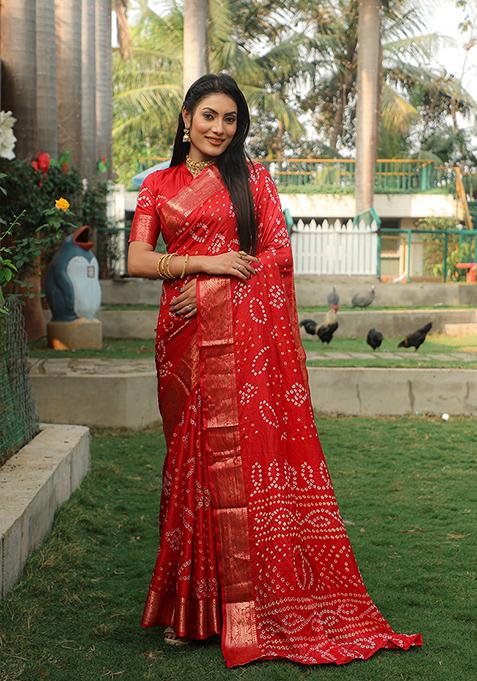 Red Zari Woven Bandhej Silk Saree Set