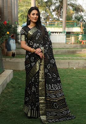 Black Zari Woven Bandhej Silk Saree Set