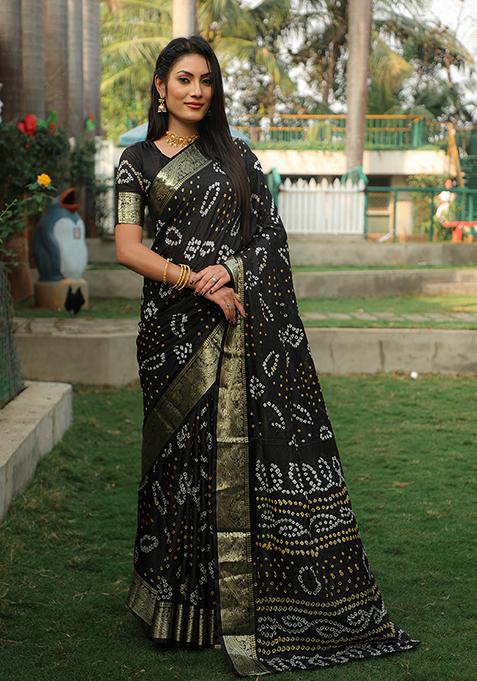 Black Zari Woven Bandhej Silk Saree Set