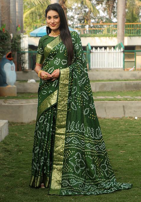 Green Zari Woven Bandhej Silk Saree Set