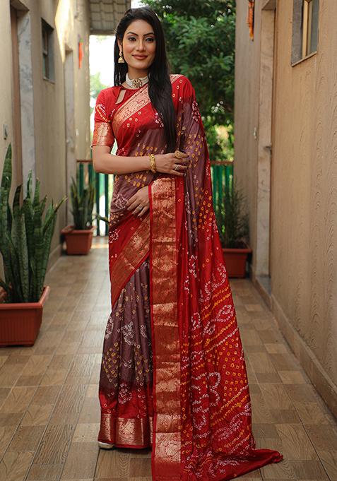 Red Zari Woven Bandhej Silk Saree Set