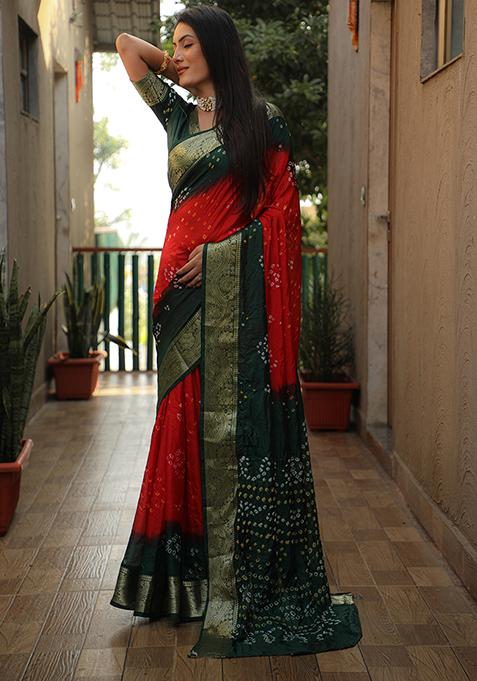 Green Zari Woven Bandhej Silk Saree Set