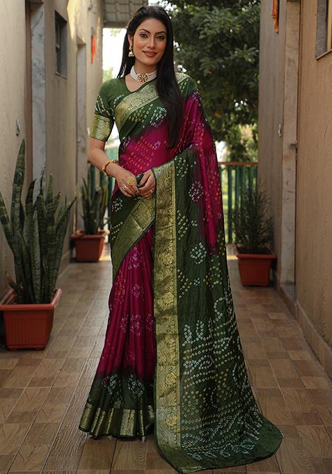 Mehendi Green Zari Woven Bandhej Silk Saree Set