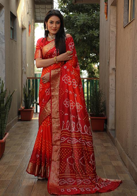 Maroon Zari Woven Bandhej Silk Saree Set