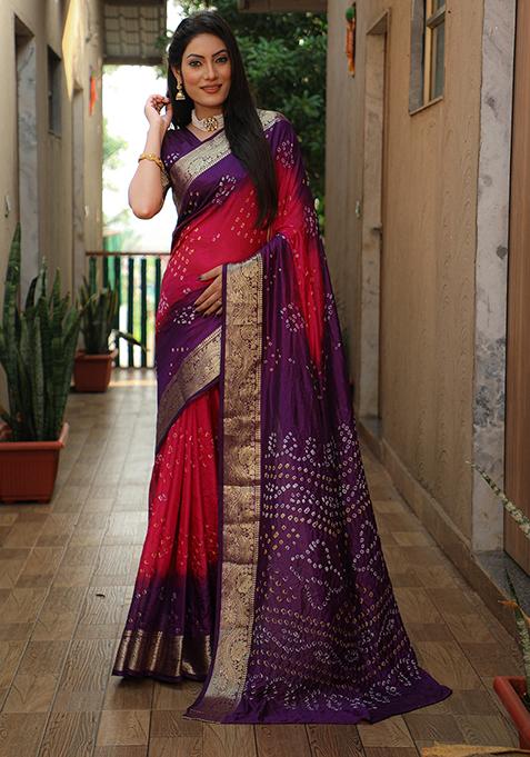 Purple Zari Woven Bandhej Silk Saree Set