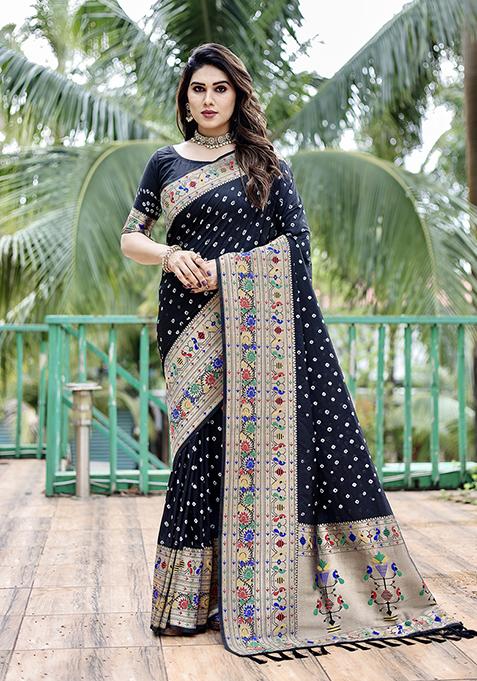 Black Zari Woven Paithani Silk Saree Set