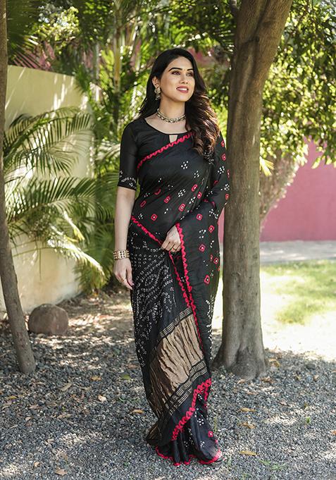 Black Zari Woven Bandhej Silk Saree Set