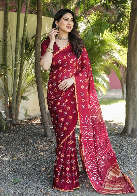 Red Zari Woven Bandhej Silk Saree Set