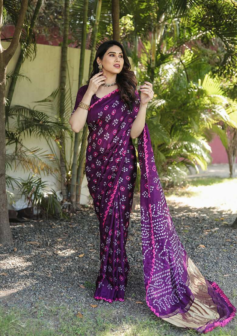 Purple Zari Woven Bandhej Silk Saree Set for Diwali | Wedding & Festive Wear - Indya