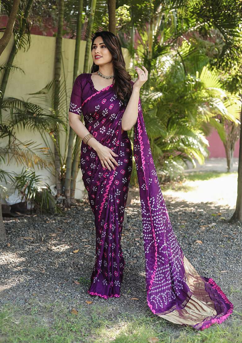 Purple Zari Woven Bandhej Silk Saree Set for Diwali | Wedding & Festive Wear - Indya