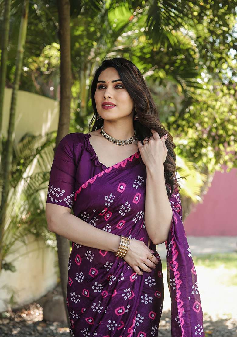 Purple Zari Woven Bandhej Silk Saree Set for Diwali | Wedding & Festive Wear - Indya