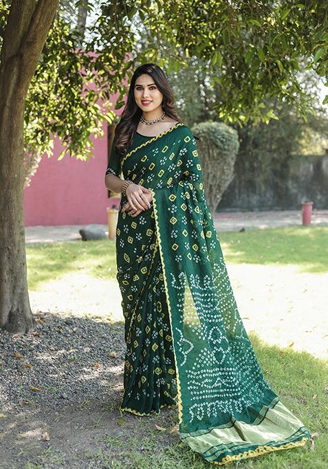 Green Zari Woven Bandhej Silk Saree Set