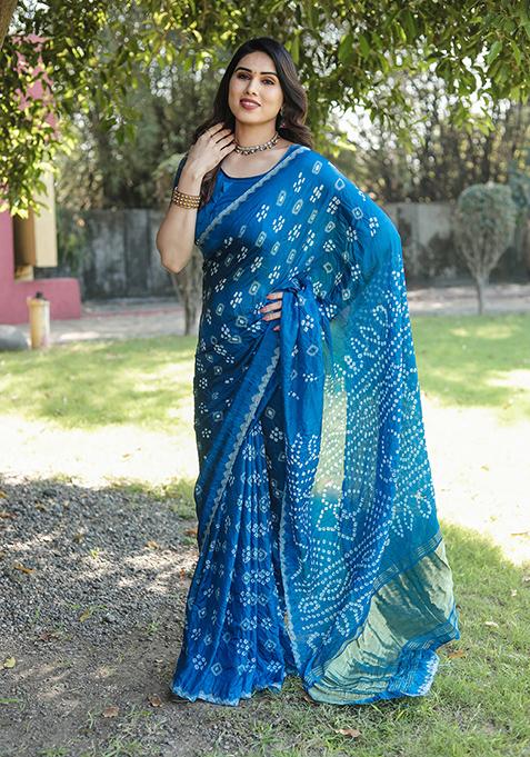 Blue Zari Woven Bandhej Silk Saree Set