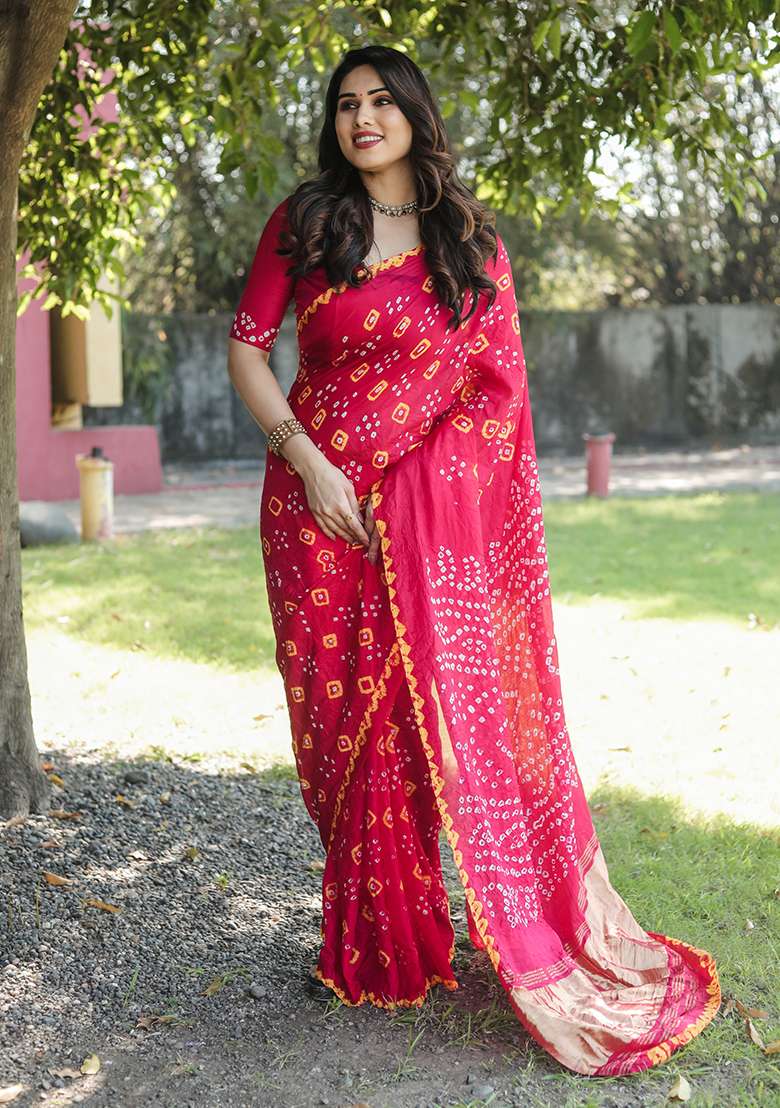 Pink Zari Woven Bandhej Silk Saree Set for Diwali and Festive Wear - Indya