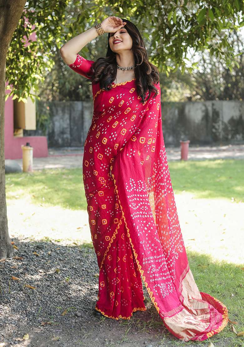 Pink Zari Woven Bandhej Silk Saree Set for Diwali and Festive Wear - Indya