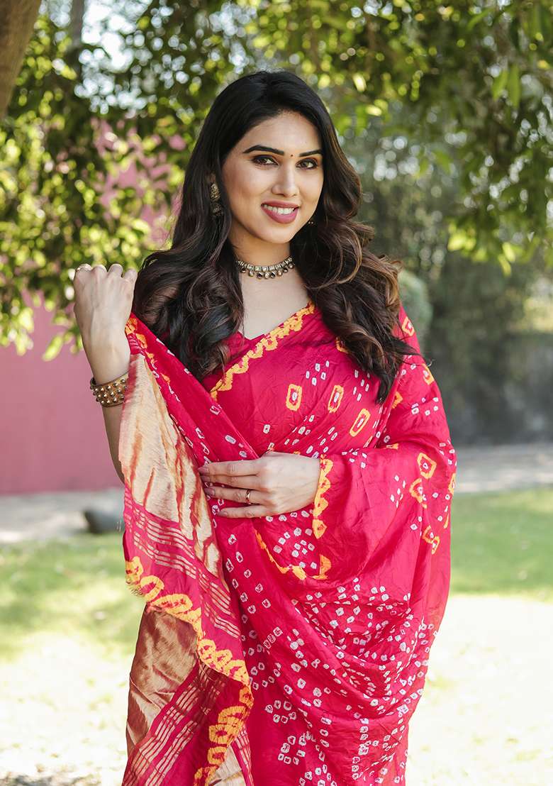 Pink Zari Woven Bandhej Silk Saree Set for Diwali and Festive Wear - Indya