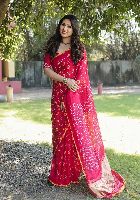 Pink Zari Woven Bandhej Silk Saree Set