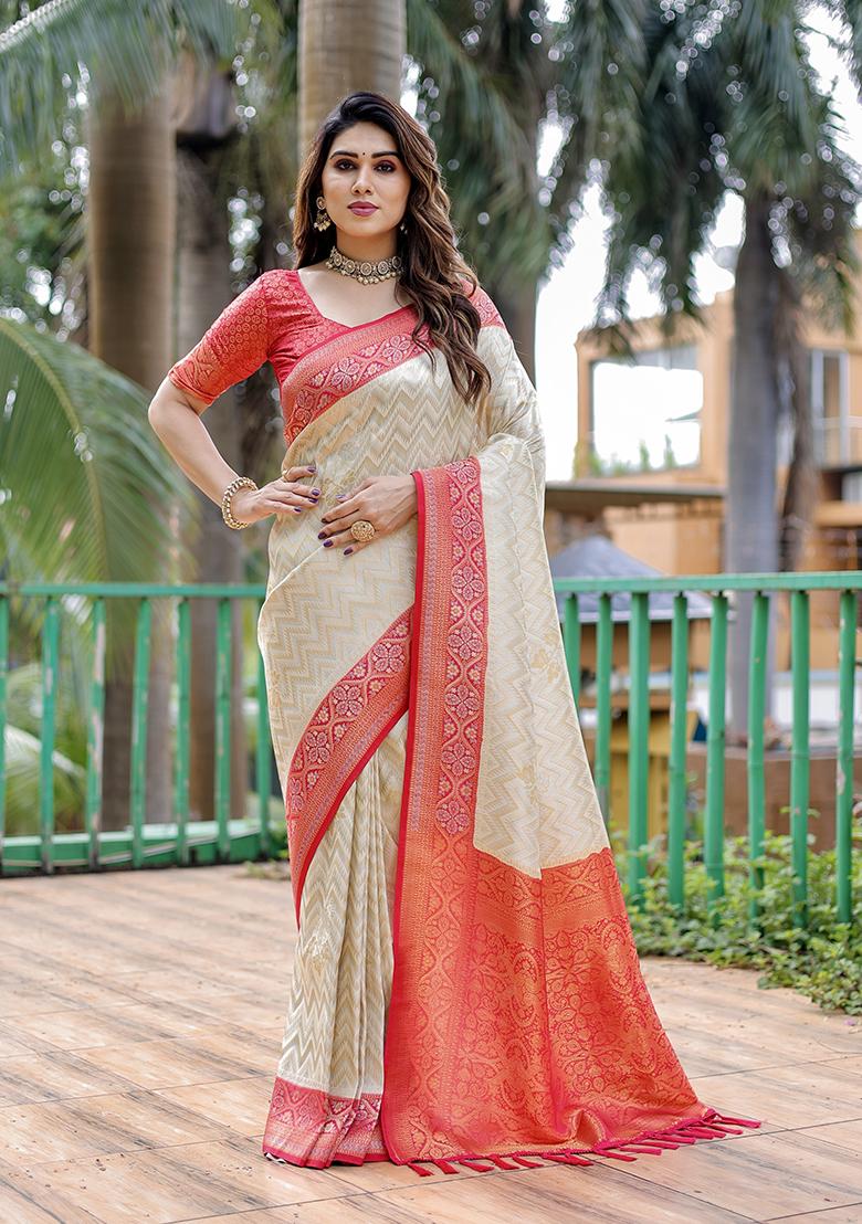 Buy Women Off White Zari Woven Faux Kanjivaram Silk Saree Set