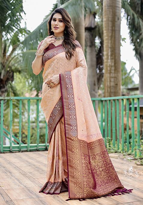 Peach Zari Woven Faux Kanjivaram Silk Saree Set