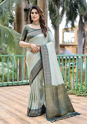 Turquoise Zari Woven Faux Kanjivaram Silk Saree Set