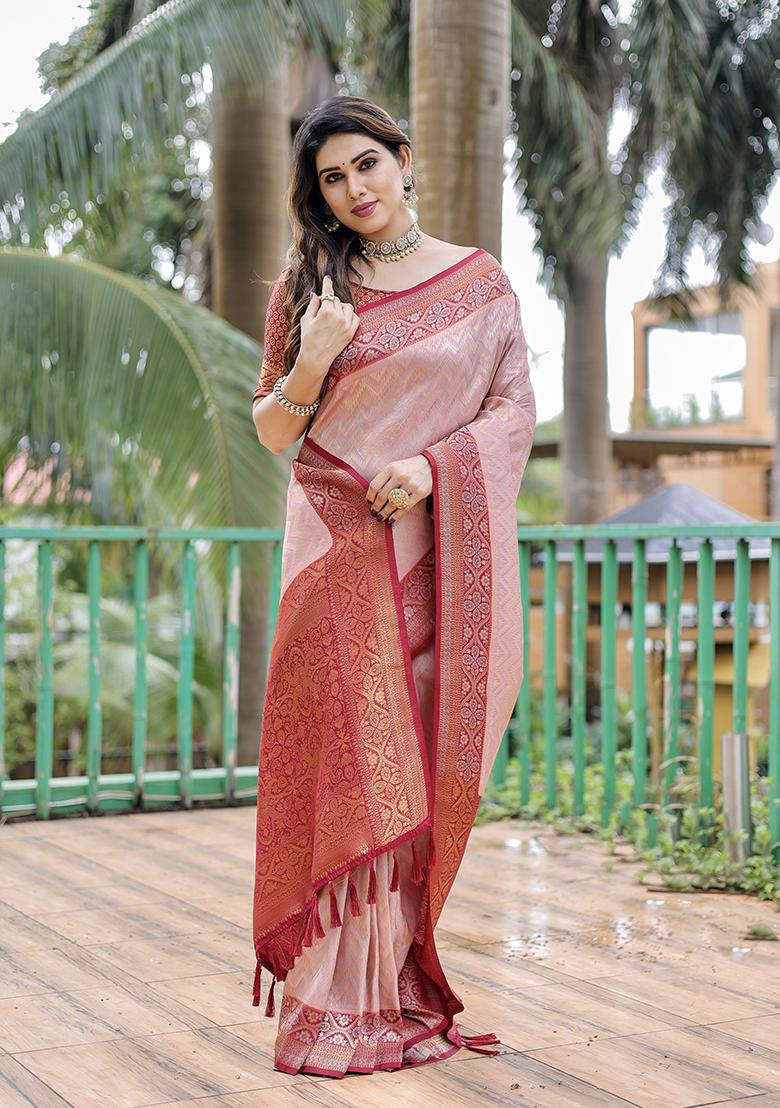 Baby Pink Zari Woven Faux Kanjivaram Silk Saree Set - Indya