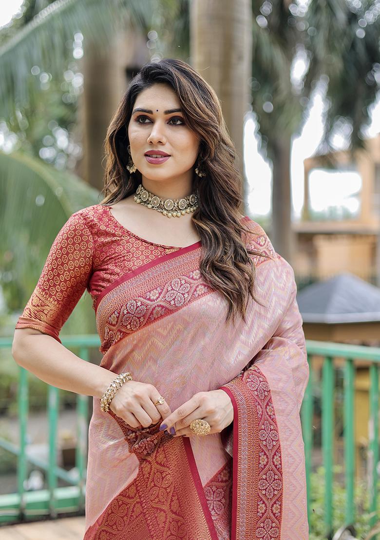 Baby Pink Zari Woven Faux Kanjivaram Silk Saree Set - Indya