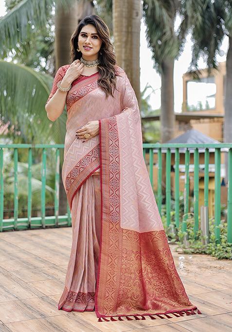 Baby Pink Zari Woven Faux Kanjivaram Silk Saree Set