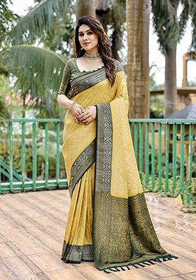 Yellow Zari Woven Faux Kanjivaram Silk Saree Set