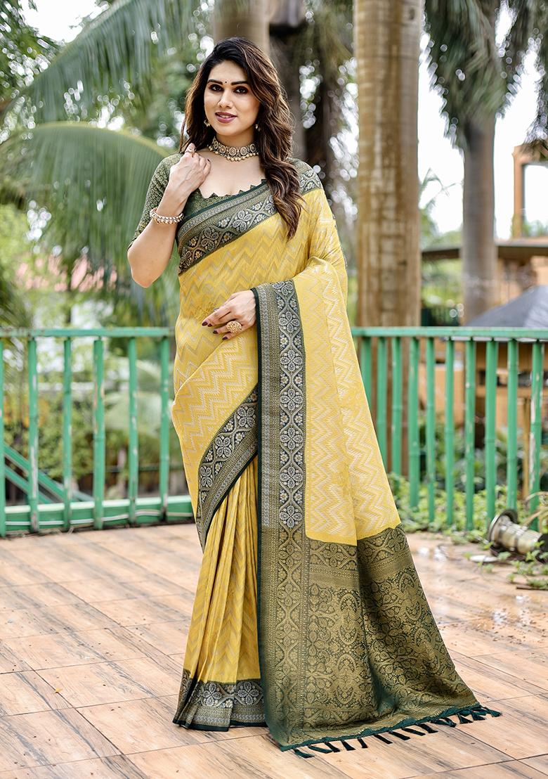 Yellow Zari Woven Faux Kanjivaram Silk Saree Set