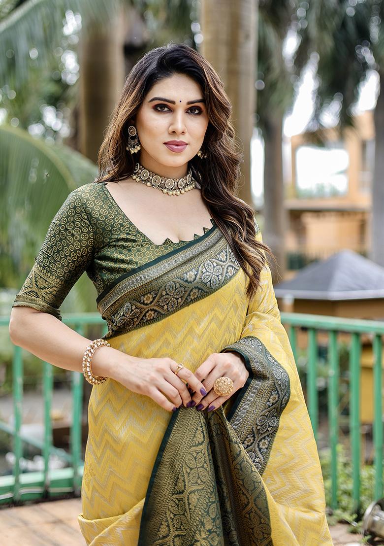 Yellow Zari Woven Faux Kanjivaram Silk Saree Set